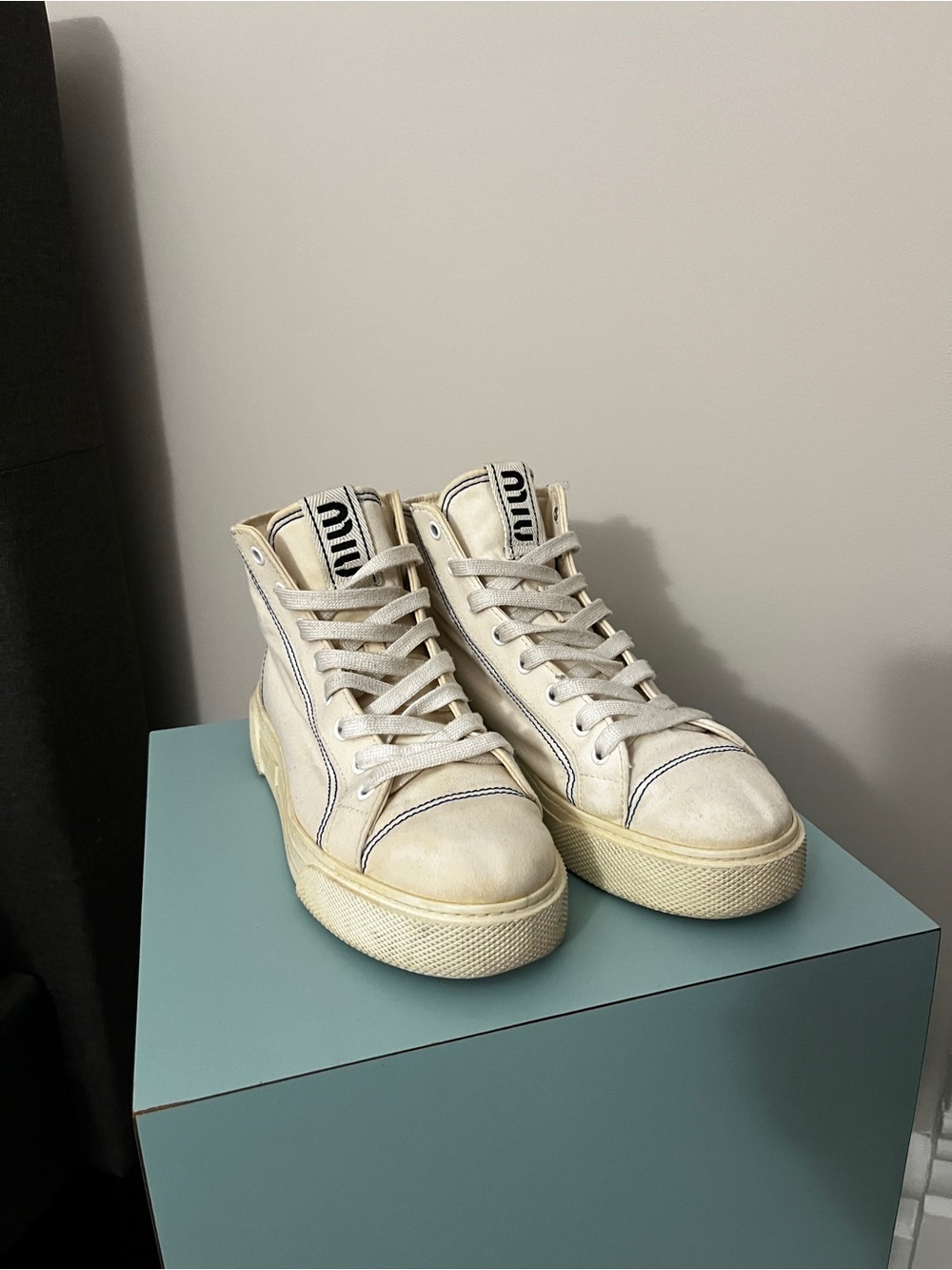 Miu Miu Cream Canvas High-Top Sneakers with Black Logo